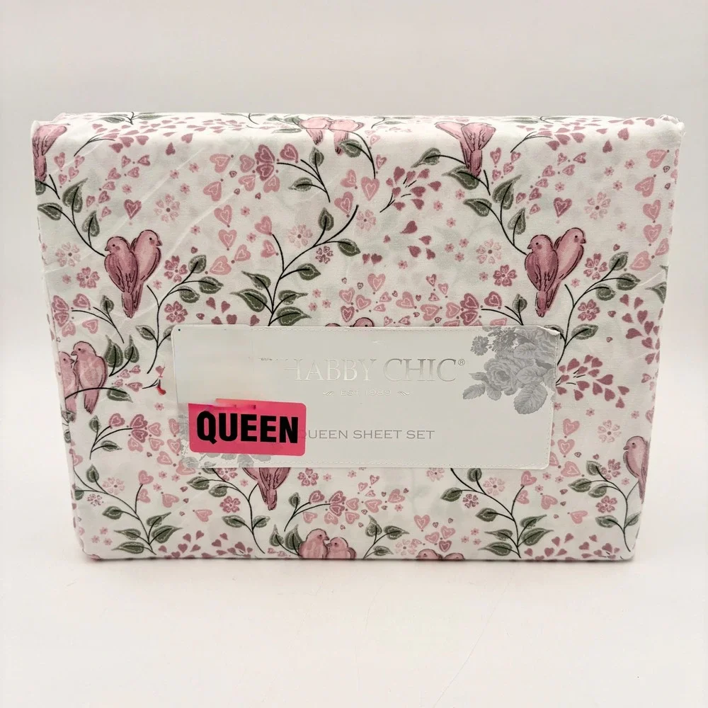 Shabby Chic Queen Sheet Set Pink Lovebirds Hearts Floral White 4 Piece New